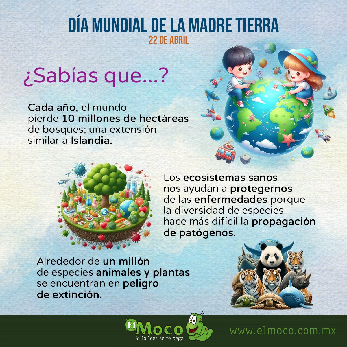 ElMocoMX's tweet photo. Cada año, vemos desaparecer extensas áreas de bosques, llevándose consigo innumerables formas de vida. La biodiversidad es esencial para nuestro bienestar. ¡Tomemos acción para proteger nuestra querida Tierra y todas las especies que la llaman hogar! 🌳🌍 #DíaDeLaMadreTierra https://t.co/dkrKL3vxo9