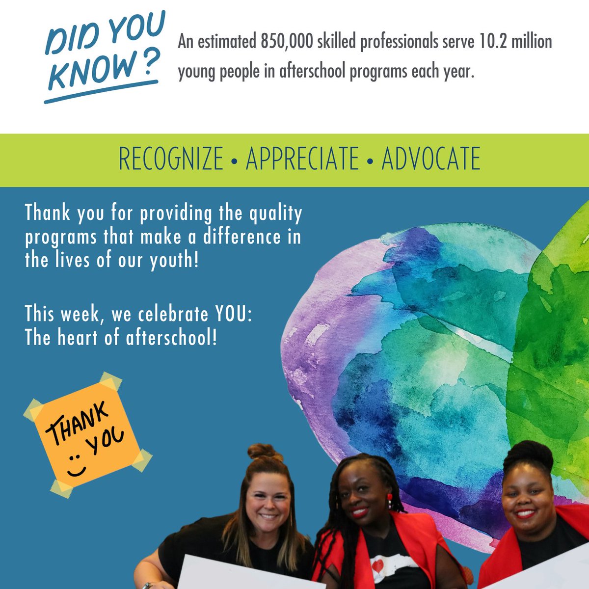 An estimated 850,000 professionals work with children and youth during out-of-school hours providing enriching experiences. We thank all the afterschool professionals in West Virginia during Afterschool Professionals Appreciation Week. You are the #HeartOfAfterschool.