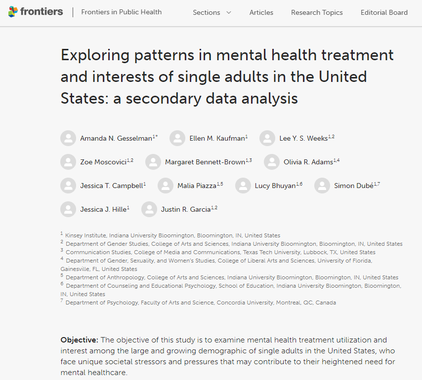 NEW #research article in @FrontiersIN from @angesselman et al., exploring patterns in #MentalHealth treatment and interests of single adults in the United States. Findings suggest singles may seek mental health treatment more than the average population.