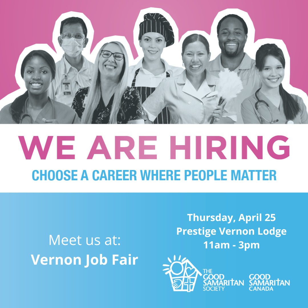 Good Samaritan is hiring!

Join us at Prestige Vernon Lodge for the Vernon Job Fair on April 25th from 11am to 3pm. Meet our team and learn more about making a difference in the lives of others.

#GoodSam #jobfair #nowhiring #Vernon