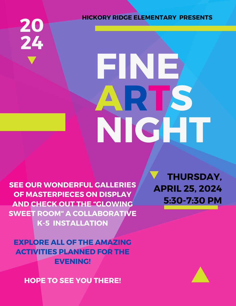 Mark your calendars! <a href="/BCSDHRidge/">Hickory Ridge Elementary</a> is hosting its annual Fine Arts Night, showcasing the incredible talents of its K-5 students. Help us celebrate their creativity, hard work, and talent!

🗓️ Thursday, April 25th
🕠5:30 PM to 7:30 PM
📍 Hickory Ridge Elementary School