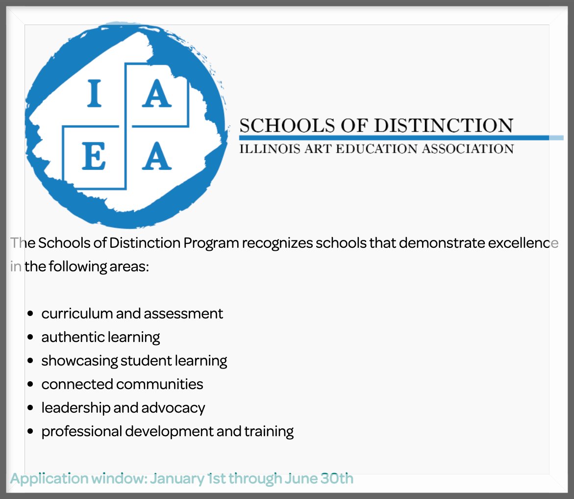 It is essential to recognize when excellent school programs in art, design, & media education. The Illinois Art Education Association seeks to honor this programmatic & professional excellence where it occurs in Illinois schools. ow.ly/NBjO50RaQi1