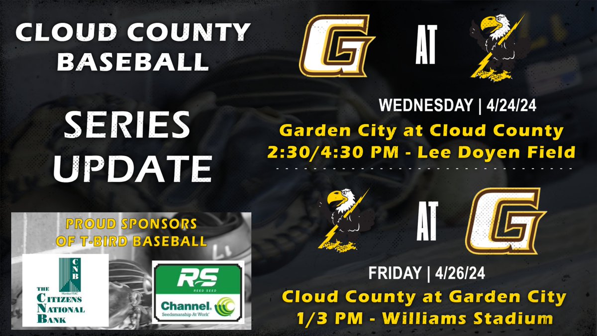 BASE: Just like last week, we have @CloudBaseball schedule changes with this week's series with Garden City getting shifted to avoid weather. T-Birds will now host Wednesday beginning at 2:30 PM, head to Garden City for a 1 PM DH on Friday. #BackTheBirds
