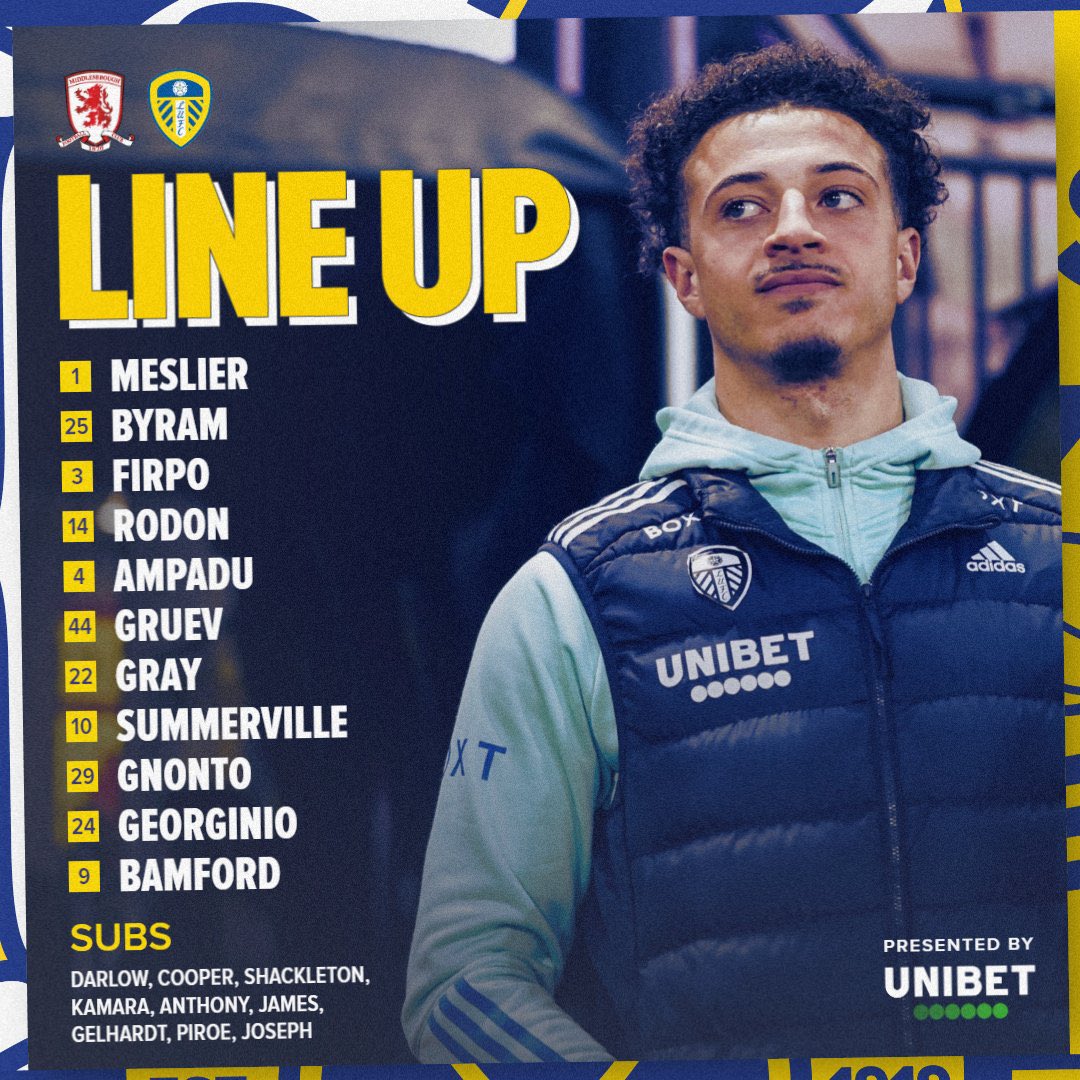 Your #LUFC lineup to face Middlesbrough.

#Leeds #LeedsUnited #PremierLeague #PL #EFL #Championship #Middlesbrough #MiddlesbroughFC #MFC #MIDLEE