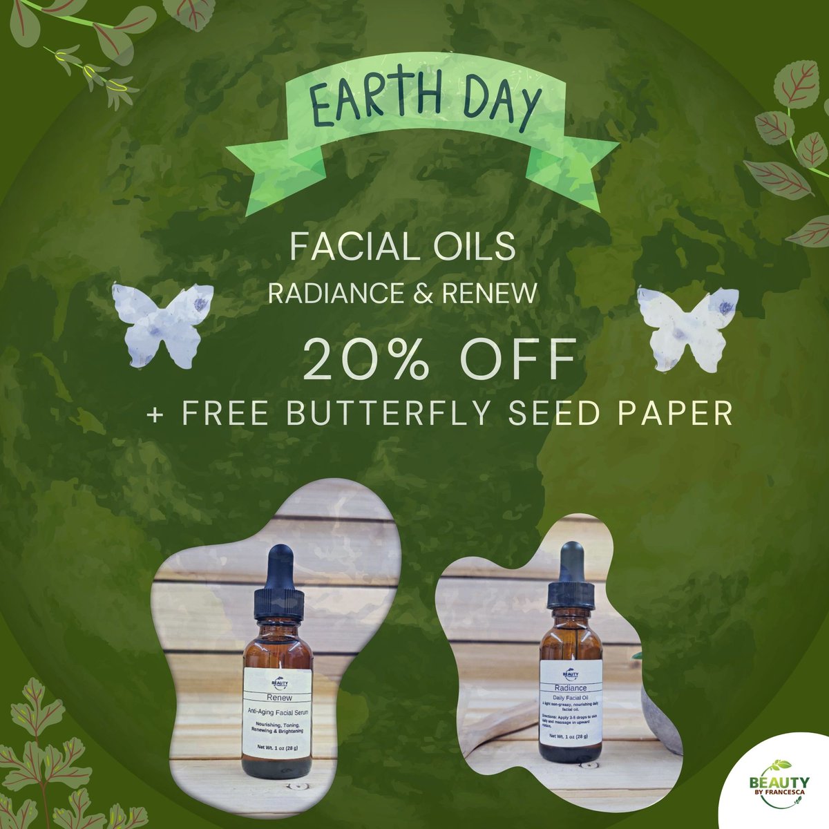 Happy Earth Day!  Get 20% off on facial oils and serums, plus FREE butterfly seed paper with every order today!  

#naturalskincare #holisticare #mindfulmoment #greenskincare #earthday