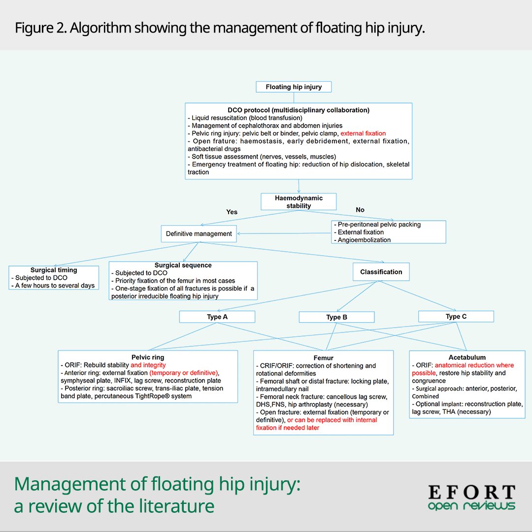 EFORT #OpenReviews study to provide a comprehensive overview of #floatinghip injury & attempt to provide a management #algorithm 📄bit.ly/3W1k4FV
#hip #fracture #hipinjury #pelvis #acetabulum #acetabularfracture #femur #polytrauma #traumasurgery #hipsurgery #ipsilateral