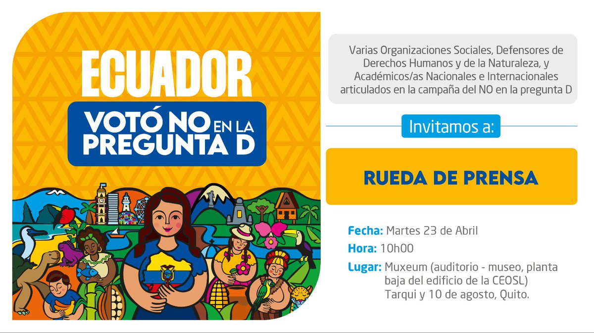 ¡Ecuador votó NO a la pregunta D! El país le dijo NO al arbitraje internacional en defensa de sus recursos económicos, sociales y ambientales. #RuedaDePrensa 🗓️ Martes 23 de abril ⏰10Am 📍Tarqui y 10 de agosto @CorapeRadio @wambraEc @EFEnoticias @revistavistazo @AFPespanol