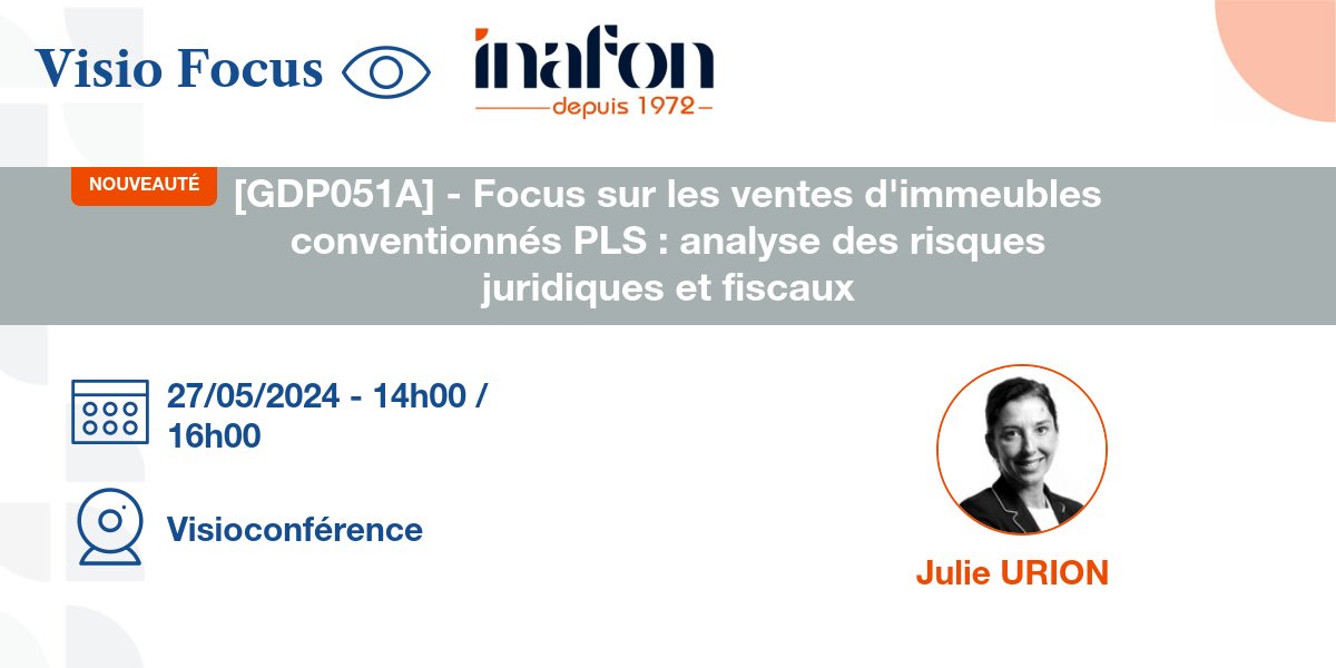 🏢 Les ventes d'immeubles conventionnés PLS : analyse des risques juridiques et fiscaux, avec Julie URION !

📅 27 mai 2024
💻 En visioconférence de 14h à 16h

Inscrivez-vous ici 👉 inafon.fr/stages/voir/78…

#Formation #INAFON #Notaires #Droit #GestiondePatrimoine #Investissement