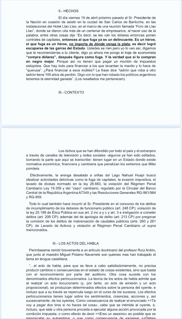 Fuerte denuncia penal contra Milei por su promoción de lavado de dinero en el Foro de Llao Llao. Se lo acusa de los delitos de abuso de autoridad, apología del crimen y malversación de caudales públicos. El mismo Milei que llama 'héroes' a los empresarios que fugan fondos