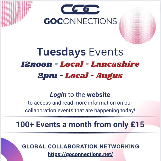 With your Go Connections membership, you will be able to access
our meetings & our collaboration partner events too.

(based on UK time zone, visit the website for your time zone)

Join Today - goconnections.net

#GoConnections #BusinessNetworking #OnlineNetworking