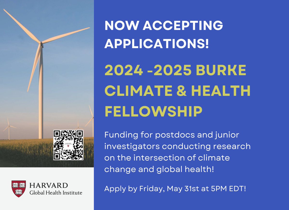 HarvardGH's tweet photo. 📢 Applications for our 2024 -2025 Climate and Health Fellowship are NOW OPEN ‼️ Fund your important research in the intersection of #climatechange and health next year 🌎 Learn more about eligibility requirements and program details here: https://t.co/uQgzW14p2R https://t.co/0DY5zqqCdd