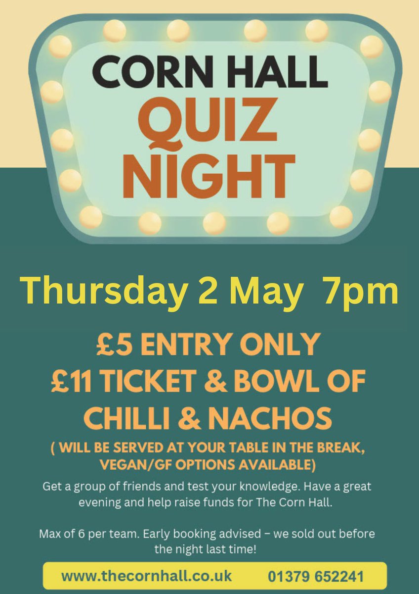 CALLING ALL QUIZ LOVERS! Our next hotly awaited Corn Hall Quiz Night takes place on Thursday 2 May and everyone is invited to join us for a fun night out putting your general knowledge to the test - all whilst raising funds for The Corn Hall. >>> thecornhall.co.uk/shows/corn-hal…