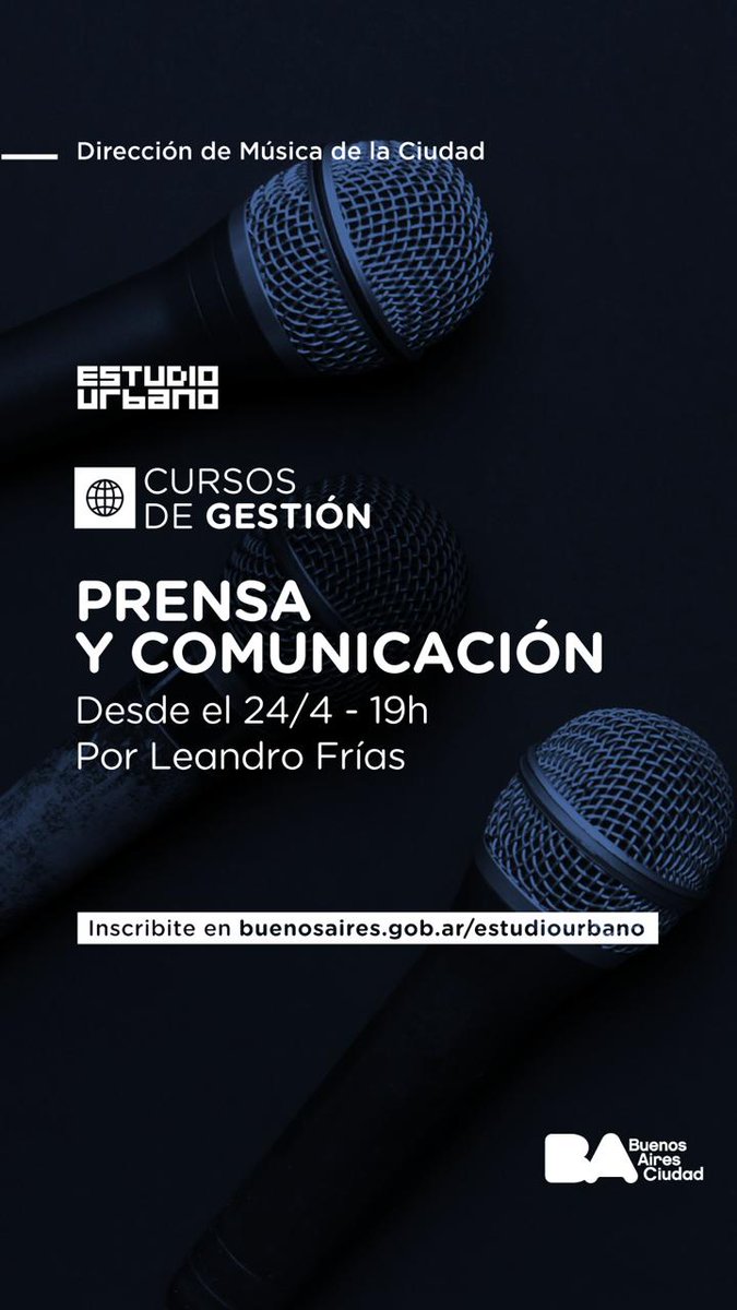#curso #prensa #relacionespúblicas 
Este miércoles comienza mi curso de prensa en <a href="/EstudioUrbano/">Estudio Urbano</a>... Aún hay cupos, vamos online para todo el país! Abajo la info y el botón de inscripción.
buenosaires.gob.ar/cultura/musica…