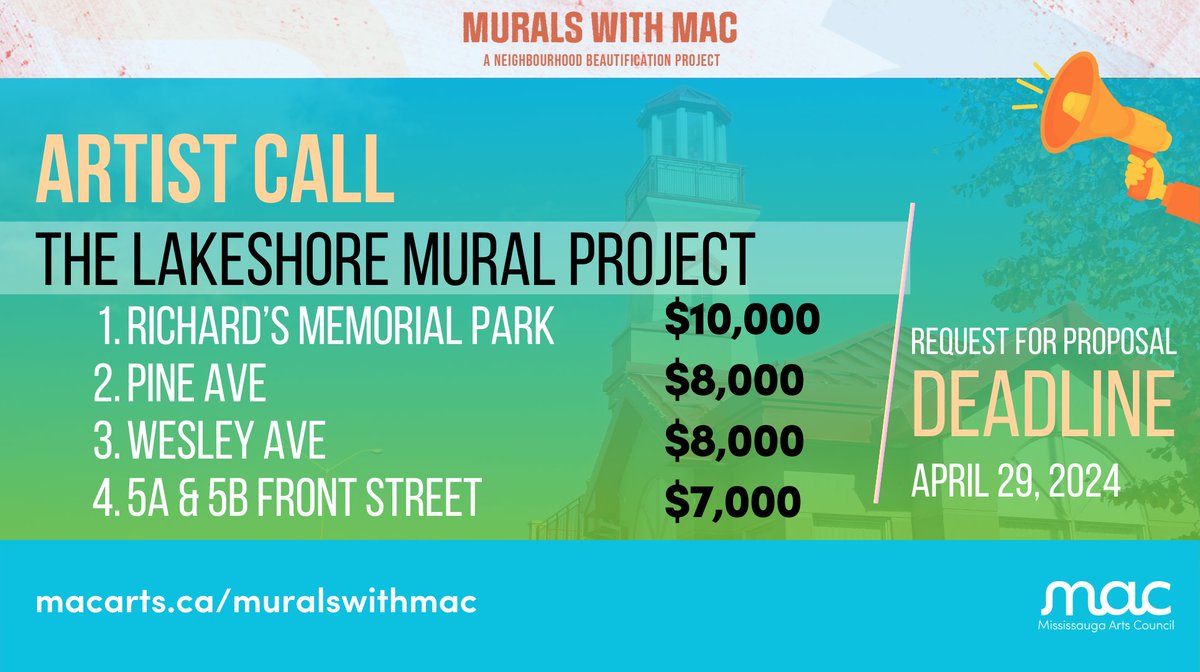 ONE WEEK LEFT to submit your RFP! 📣📣📣 MAC, @peelpublicworks & Stantec are asking artists to submit their Request for Proposals (RFPs) for a digitally rendered hoarding murals at 4 locations in South Mississauga. 🚨Deadline: April 29, 2024 🔗 Details: macarts.ca/muralswithmac