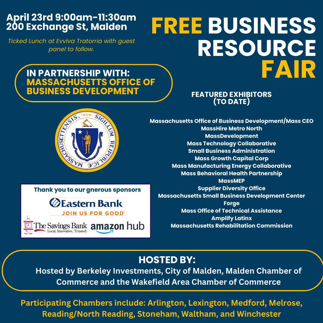 On Tuesday, April 24, from 9:00 to 11:30 a.m., we'll be at the Business Resource Fair in Malden! Stop by to chat about what we can accomplish together and meet other partners to boost your small business. #smallbusiness #smallbusinesssupport #smallbusinesssuccess #massachusetts