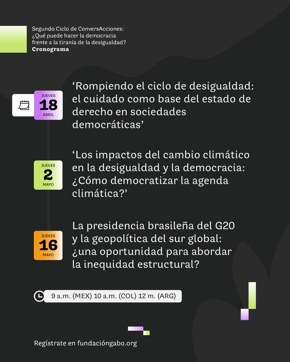 ¡Participa en las ConversAcciones 2024! Hablaremos sobre: 1️⃣ Los cuidados, las desigualdades y la democracia. 2️⃣ Gobernanza y cambio climático. 3️⃣ La presidencia brasileña del G20 y la geopolítica del sur global. Conoce más y regístrate aquí 👇🏽 bit.ly/3xqR0gI