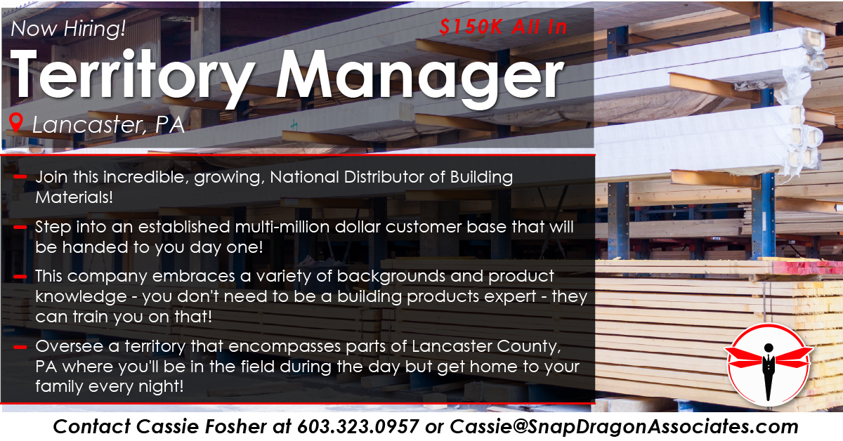 🚨 New Territory Manager role in the Lancaster, PA market for a National Distributor of Building Materials!
 
Apply here linkedin.com/jobs/view/3896… or reach out to Cassie Fosher today!

#SnapDragonJobs #buildingmaterials #hiring #territorymanager #managerjobs #PAjobs #LancasterPA