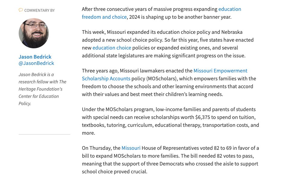 'After three consecutive years of massive progress expanding education freedom and choice, 2024 is shaping up to be another banner year.' Missouri, Nebraska Advance Education Freedom: ow.ly/Fbwy50RleIB #SchoolChoice