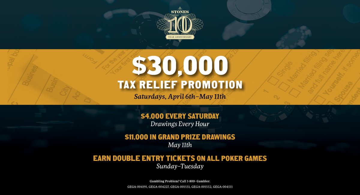Our $110,000 Tax Relief Rally is going on now through 5/18! Play for tax relief winnings in our Poker and Table Game rooms this Spring. 🌸💰 Learn more about the promotion: stonesgamblinghall.com/tax-relief-ral… #StonesGamblingHall #Cardroom #Casino #Tablegames #Jackpot #gambling #Poker