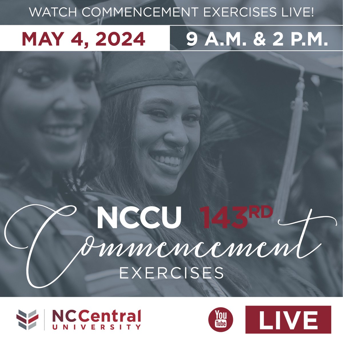 #NCCUCommencement | Commencement ceremonies for undergraduate and graduate/professional students will take place on Saturday, May 4, 2024. If you are unable to attend in person, watch the event as it happens on YouTube at bit.ly/NCCUYouTubeLive. DETAILS: nccu.edu/143Commencement