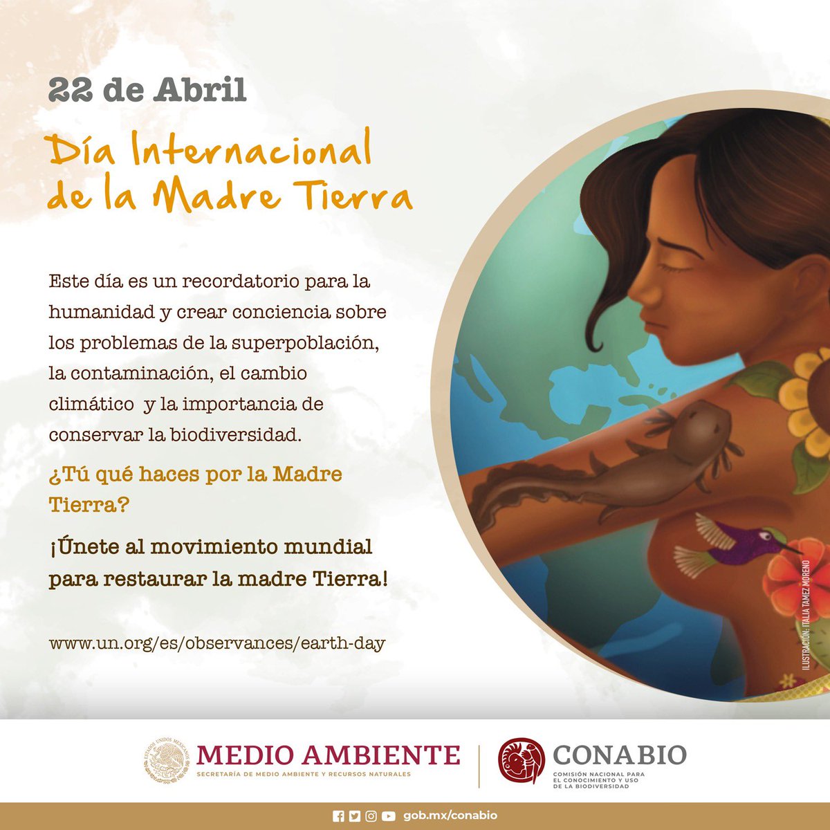 CONABIO's tweet photo. Día Internacional de la Madre Tierra
Este día es un recordatorio para la humanidad y crear conciencia sobre los problemas de la superpoblación, la contaminación, el cambio climático y la importancia de conservar la biodiversidad.

https://t.co/yn5zwHiiEs https://t.co/dvbpT0p97v