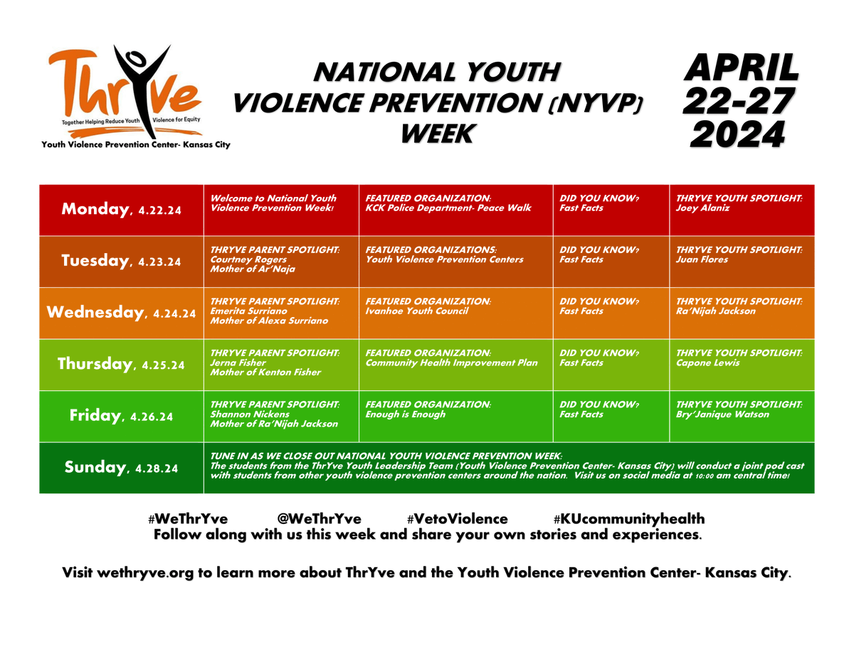 Welcome to National Youth Violence Prevention Week! At the Youth Violence Prevention Center- KC, we work to bring awareness to our community regarding youth violence. Stay tuned for more posts during the week! #WeThrYve #VetoViolence #KUcommunityhealth #NYVPWeek