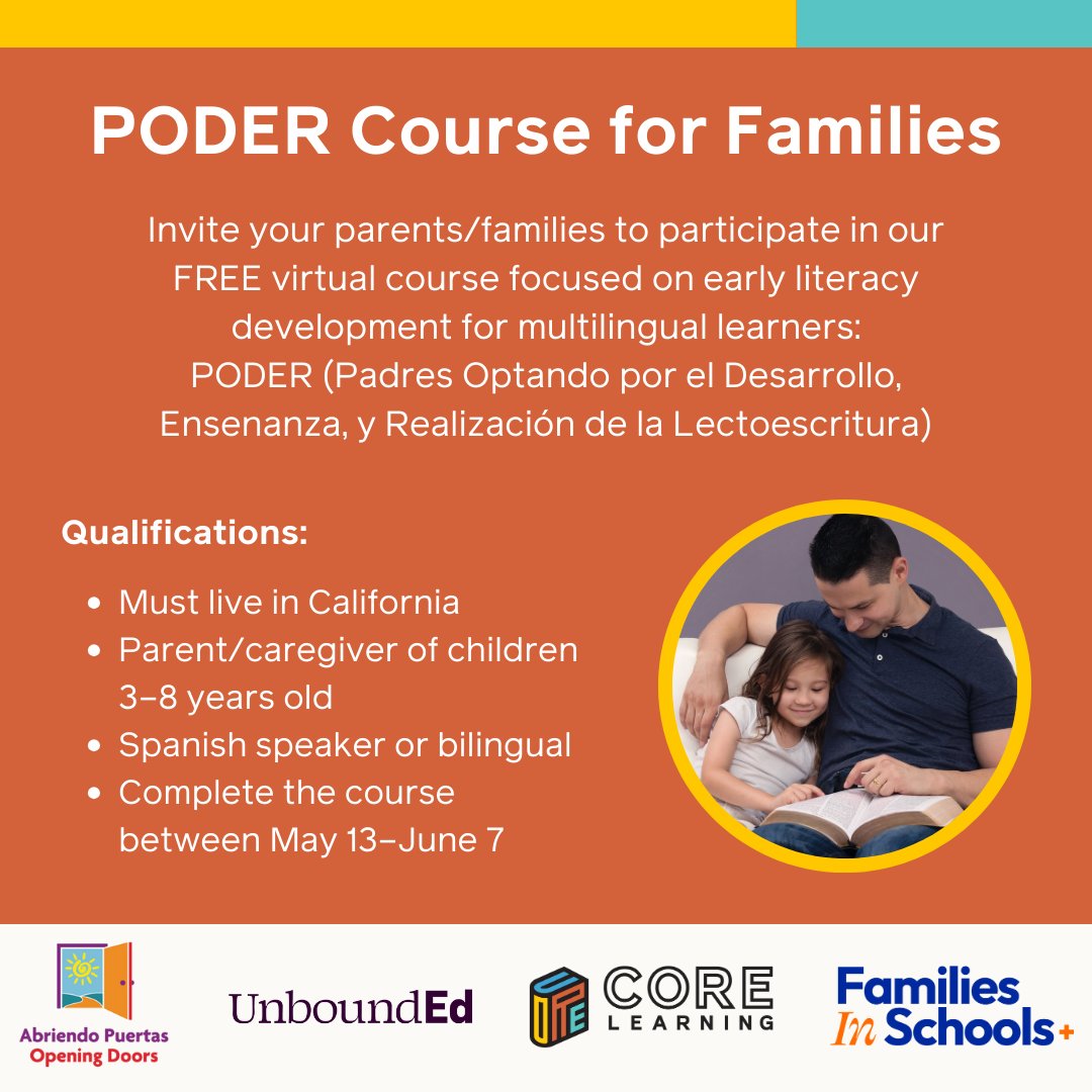 California educators, we have a fantastic opportunity for you to share with your Spanish-speaking parents focused on supporting multilingual literacy development! Learn more and express interest by completing this short form: ubnd.org/4cJILMW #Education #MLLs