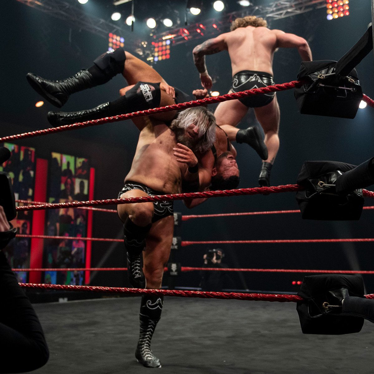 April 22, 2021: At the BT Sport Studios, #MustacheMountain (#Tylerbate & @TrentSeven) defeated @NoamDar and @Shasamuels in tag team action via a Burning Hammer. #NXTUK 📸 WWE