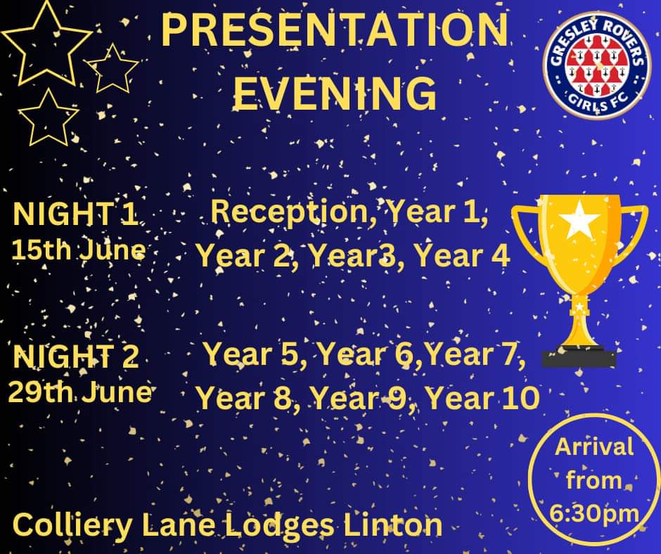 Our end of season presentation evening is getting closer. As we have grown bigger we have had to separate into 2 nights this year 😁 All girls are welcome to attend Colliery Lane Lodges and will recieve a trophy if they are registered with us before the 19th April 2024.