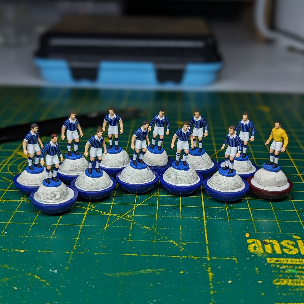 Next project: @Inter with retro stripes and custom shorts and socks design. Definitely been a marathon not a sprint 🤣😅 #subbuteo #tablefootball #football #vintage #retro #hobby #miniaturepainting #boardgames #nostalgia #retrogames #90s