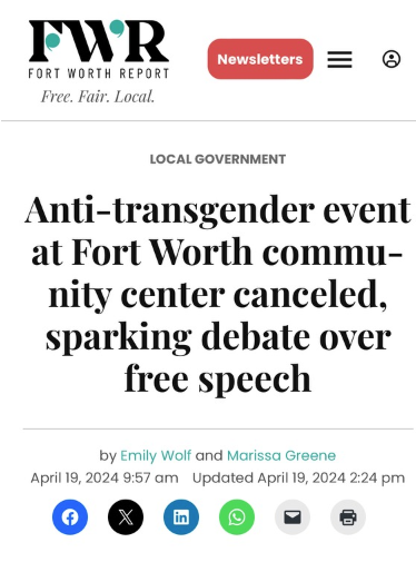 Freedom of speech must be a two-way street.  There are two sides to every issue & both need to be heard—shame on FTW officials who did this. Allow an actual #DeTransitioned #Transgender to voice their opinion about the transition process.  This is an outrage!! #Texas97th #txlege