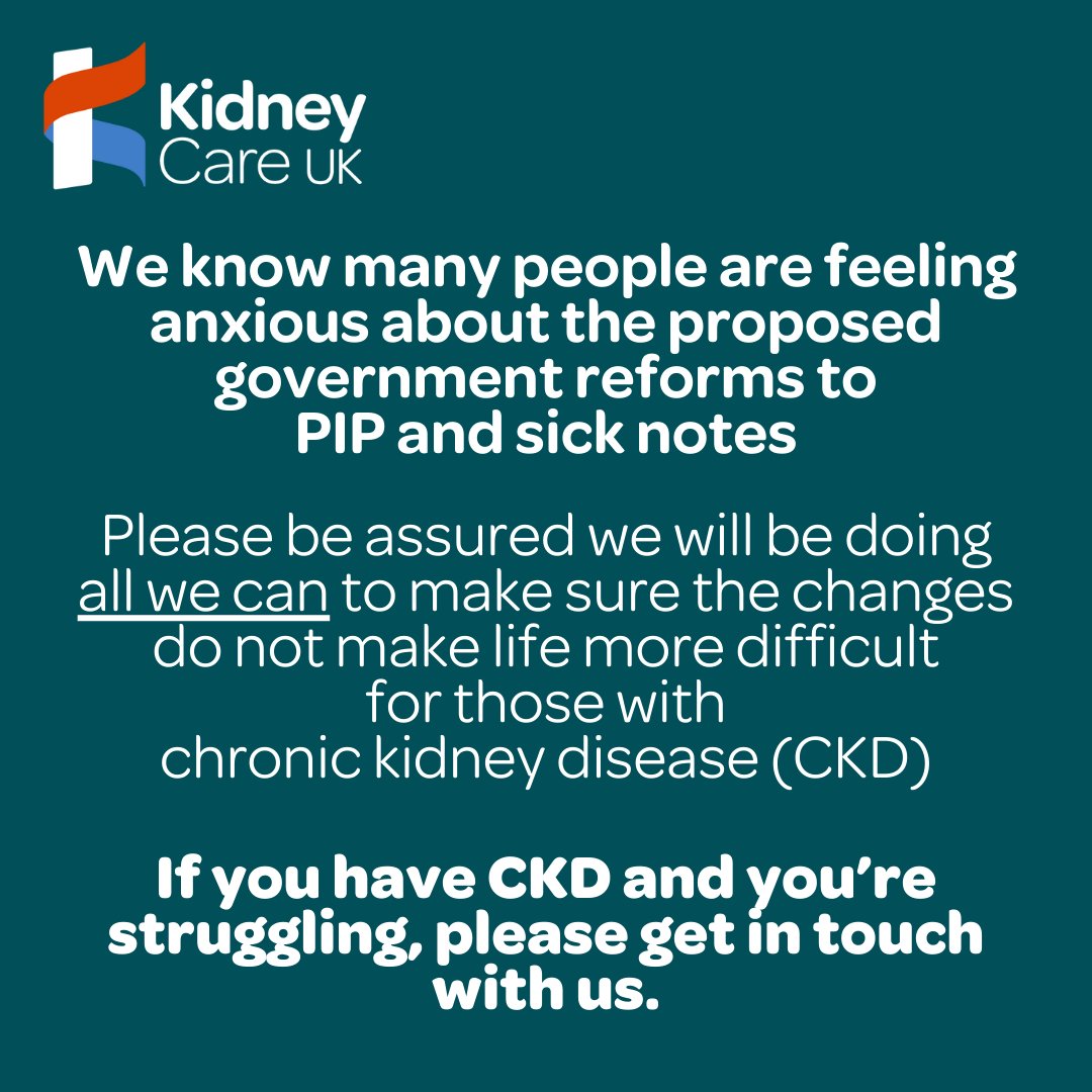 kidneycareuk's tweet photo. 📣 We will do all we can to ensure the proposed reforms on #PIP & #SickNotes do not affect #KidneyPatients negatively & will provide an update soon. Please email policy@kidneycareuk.org if you would like to share any experience with us.
🤝 PIP support: https://t.co/zn5k3QvsH2 https://t.co/fOiIlGDmU6