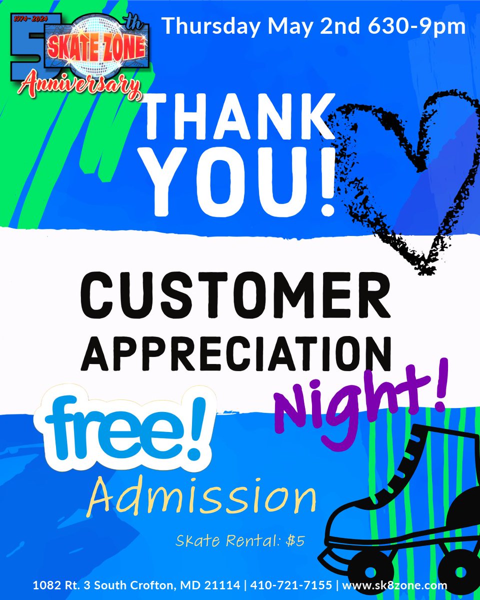 🤩 FREE admission! 🤩

We ❤️ our customers! Join us for Customer Appreciation Night on Thursday May 2nd! Thank you for supporting our business over the last several years! 🫶

See you there! 🛼🛼🛼

#skatezonecrofton #customerappreciation #weloveourcustomers #free #familyfun