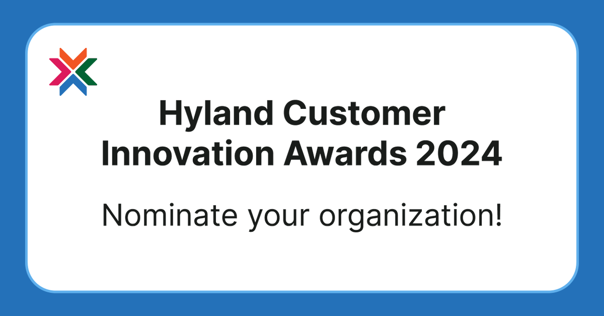 Hyland's tweet photo. The Hyland Innovation Awards are back! 🏆

The awards recognize forward-thinking organizations that are leveraging Hyland’s solutions and technology to do amazing things in their organizations and their communities.

Start your nomination: https://t.co/5bFHcExZ3q https://t.co/oWBHRHd2ZD