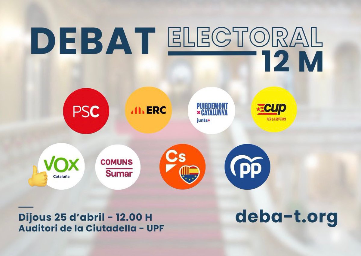 La Junta Electoral nos da la razón y obliga a la entidad organizadora @debat_org y a la @UPFBarcelona a invitarnos al debate.

Estáis a tiempo de rectificar, os ayudamos con el cartel 🙃