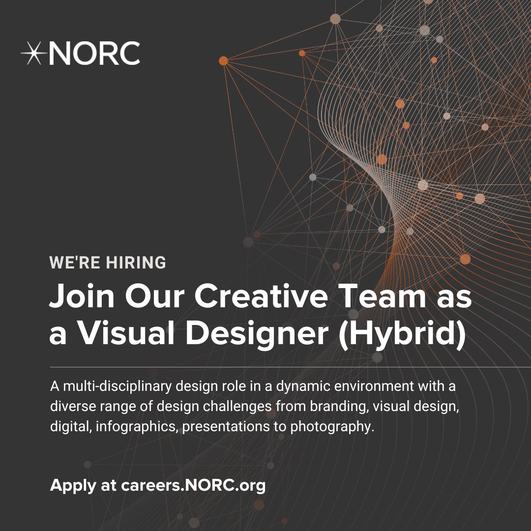 NORCNews's tweet image. NORC is hiring a visual designer! This position is a great opportunity to showcase your creative problem-solving and drive excellence in design, while making an impact. #NORCJobs #VisualDesigner #DesignOpportunity #CreativeJobs
Apply now: go.norc.org/3xJ8ipI