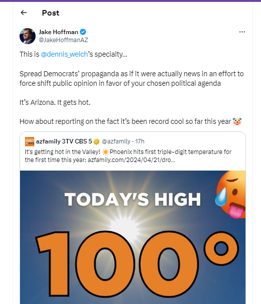 Paizleygrl's tweet photo. The article only says Az gets their first 100 degree day. Nothing about #GlobalWarming or anything else. AZ pays State Senators to practice #Angertainment for click bait. #FakeElectorJake is a dumbass. 🙄 https://t.co/WtccIxWRn2