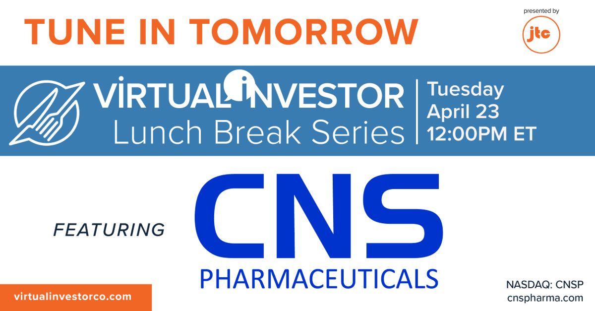 #HappeningTomorrow: John Climaco, CEO of CNS Pharma will be participating in our Virtual Investor Lunch Break: The CNSP Opportunity tomorrow at 12 PM ET. Register here: bit.ly/44efENZ   

@CNS_Pharma $CNSP #GlioblastomaMultiforme #GBM #Oncology