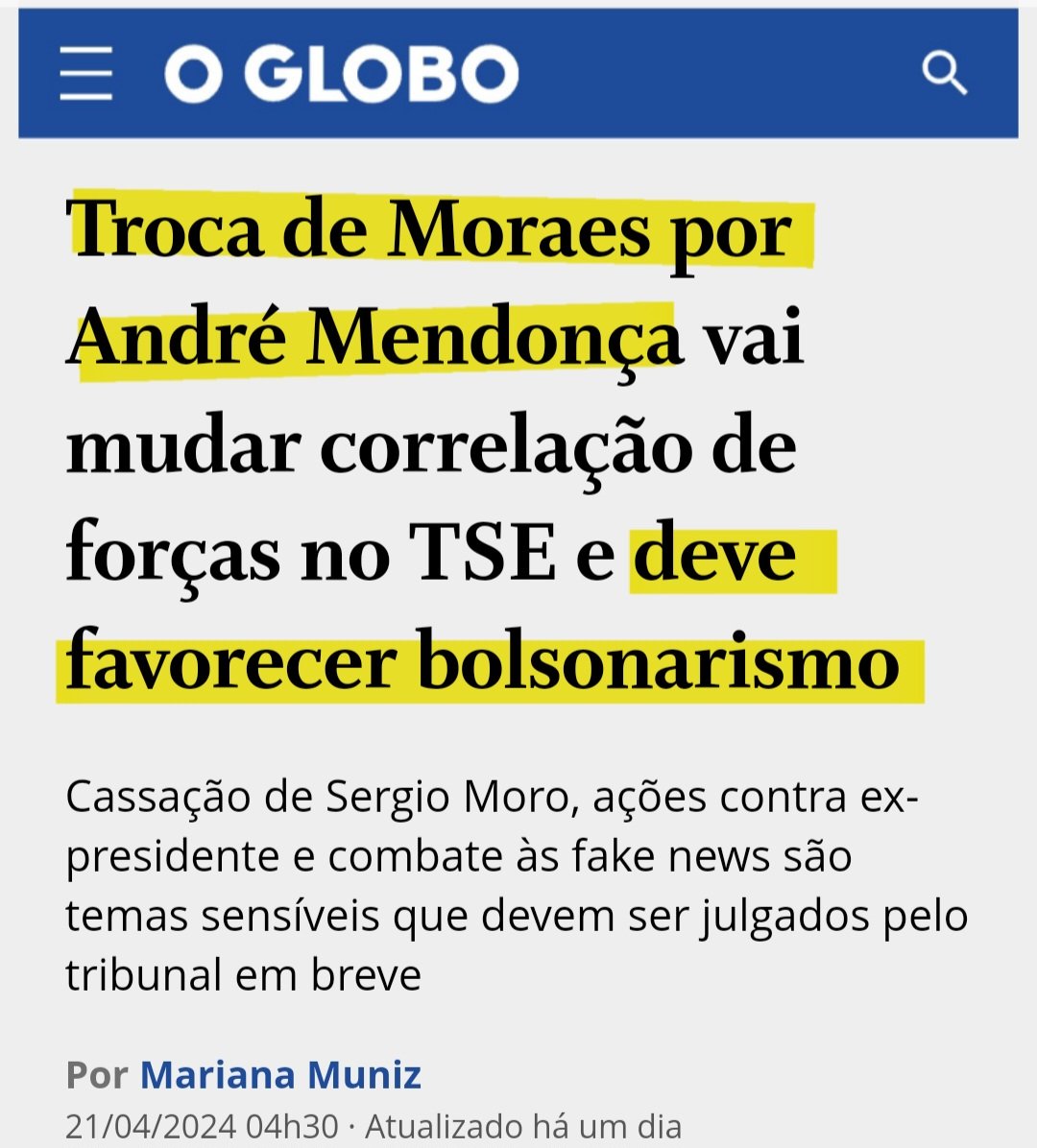 'O GLOBO' diz que André Mendonça no TSE, 'deve favorecer bolsonarismo'. É impressão minha, ou jornal acaba de afirmar que Xandão favorece o Lulismo?