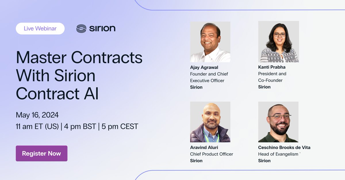 Save the date! On May 16, we’re unveiling our complete #Contract AI Suite!

Join our team as they walk you through our latest #GenAI product advancements.

Be among the first to experience Sirion Contract AI – register here 👇

sirion.ai/library/webina…