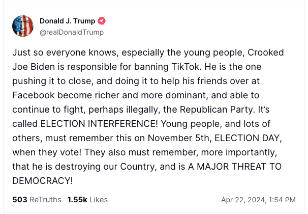 Trump blames Biden for a potential TikTok ban and calls it 'election in interference.' In 2020, Trump signed an executive order to ban TikTok from app stores, warning: 'The United States must take aggressive action against the owners of TikTok to protect our national security.'