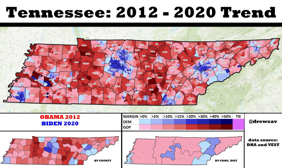 Tennessee has undergone some interesting political shifts since 2012. While Nashville metro gets most of the attention, Memphis continues to get bluer, and Chattanooga and Knoxville have been experiencing Dem drift.