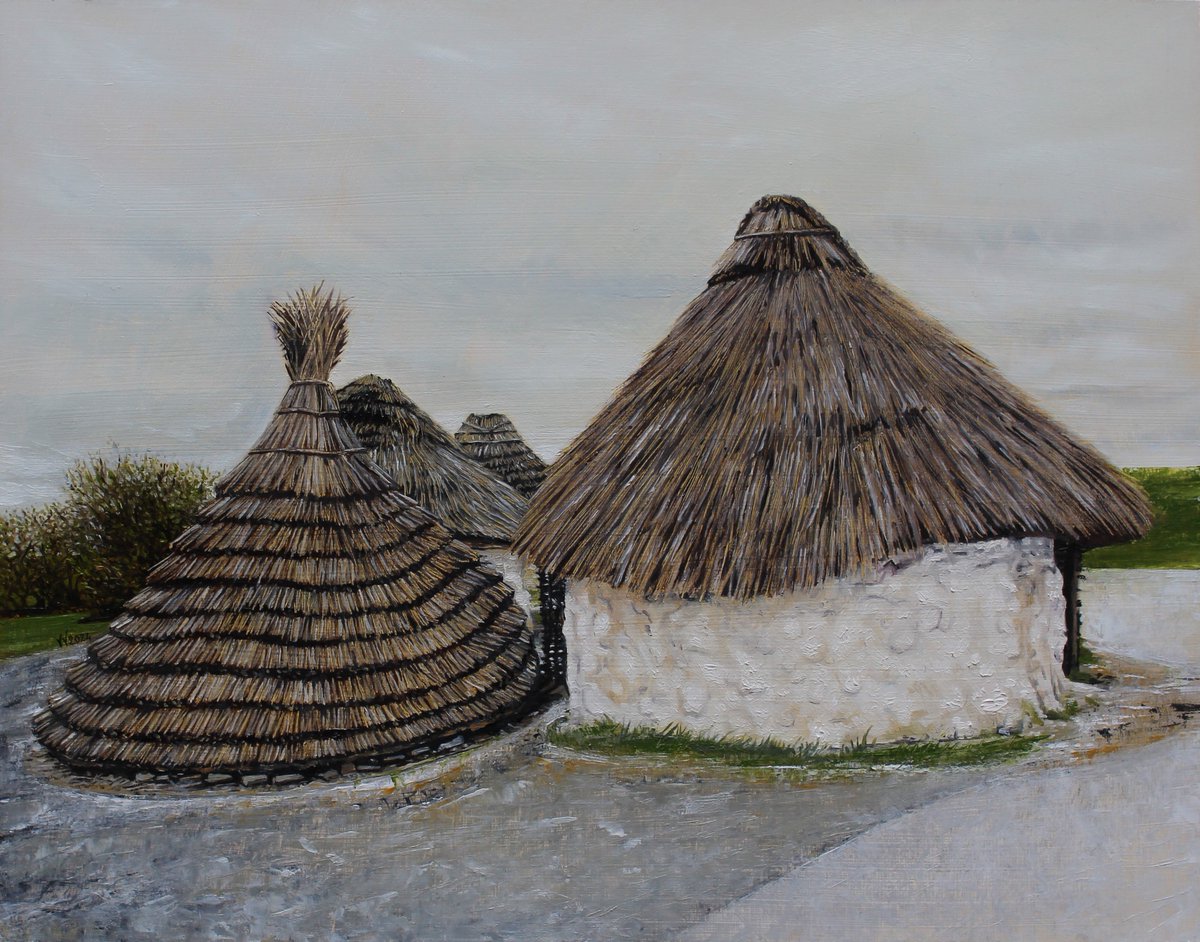 'The recreated Neolithic Houses of Stonehenge'
Oil on wooden panel, 2024, 35.5x28 cm.
During my last visit to Stonehenge, my attention was attracted to these picturesque houses!