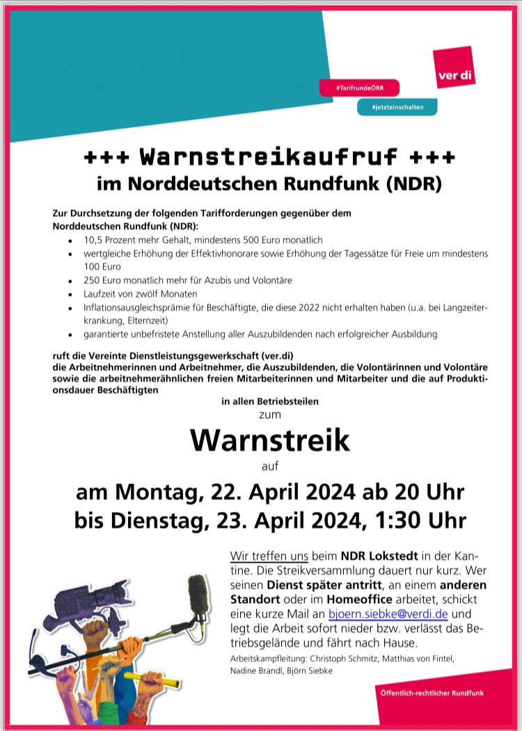 +++Warnstreik+++ am 22. April ab 20:00 Uhr von @Verdi_im_NDR @_verdi im @ndr #NDR
richtet sich gegen einen Reallohnverlust, den die Angebote der Senderseite bedeuten würden.
Die Gewerkschaft fordert 10,5% mehr bzw. min. 500€
#jetzteinschalten #ÖRR