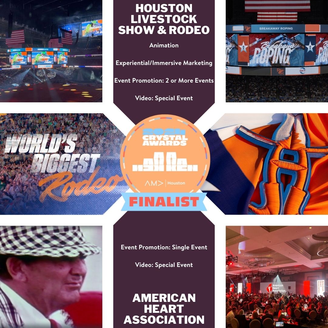 VISION scored 6 @amahouston Crystal Awards nominations! Our work on @RODEOHOUSTON's Stadium/Broadcast Graphics Package & Opening Video and the @American_Heart's @bryantawards has earned nods across categories including #Animation, #ExperientialMarketing, Event Promotion, & more!