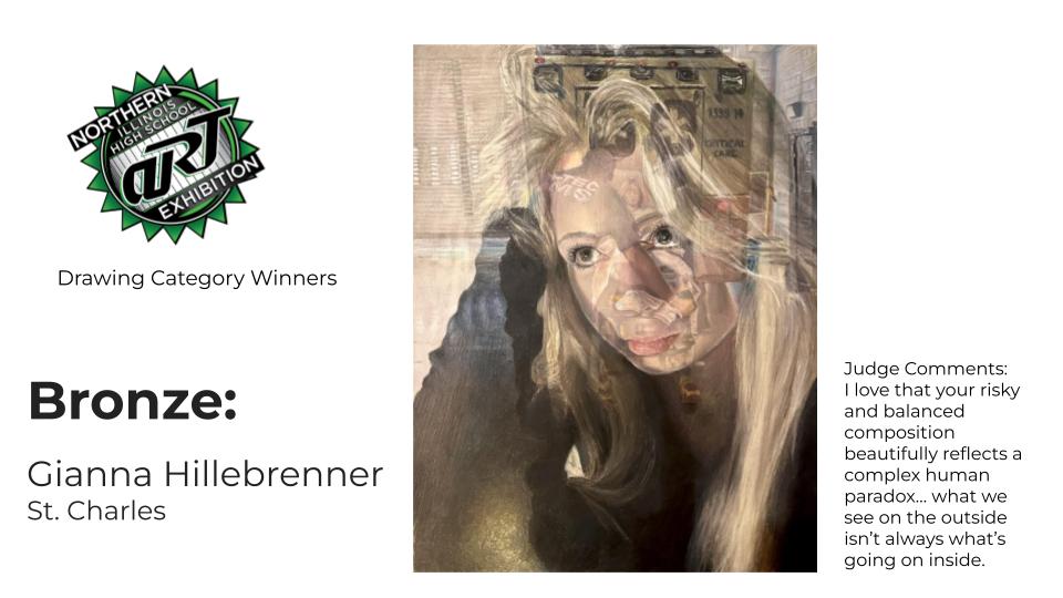 art_scn's tweet photo. Congrats to Gianna Hillebrenner. 3rd place 🥉for Drawing at the Illinois High School Art Exhibition! Also recognized as one of the Top 5 Early College Portfolio artists 🎨 @StCharlesNorth @D303Pride https://t.co/w6gAMmEoVX