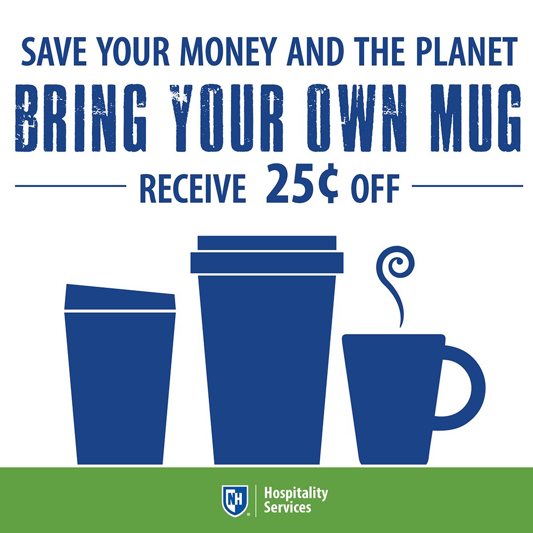 BRING YOUR OWN MUG and receive 25¢ off any sized coffee or hot beverage when you use your own mug at all campus cafés! 🌏 #sustainability #savetheplanet #reduceplastic 💚