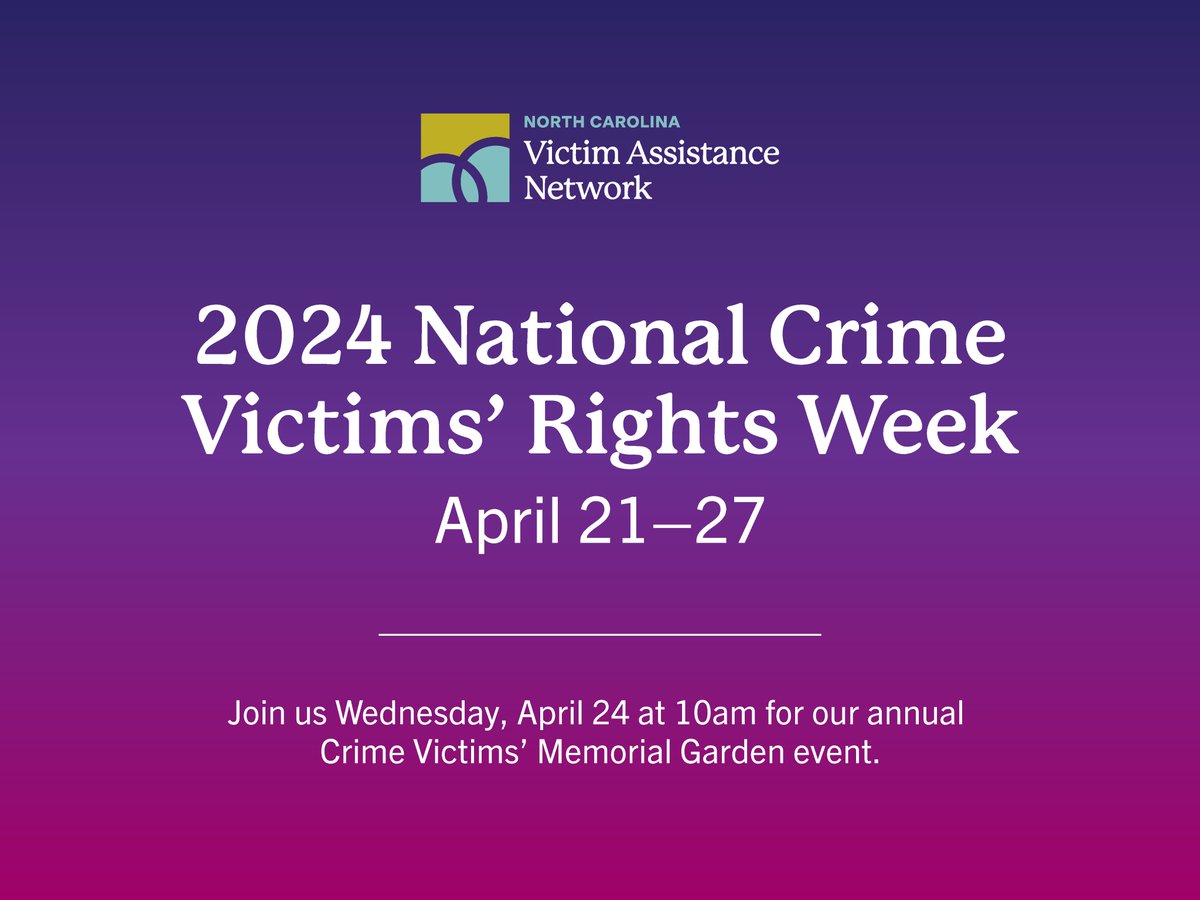ncvan's tweet photo. This week, we commemorate the 2024 National Crime Victims’ Rights Week. Let’s stand in solidarity with those on a courageous journey toward healing.

Join us at 10am on Wed, April 24, for our annual Crime Victims’ Memorial Garden event at 106 E. Lane St. Raleigh, NC. https://t.co/jUtowsxDqJ