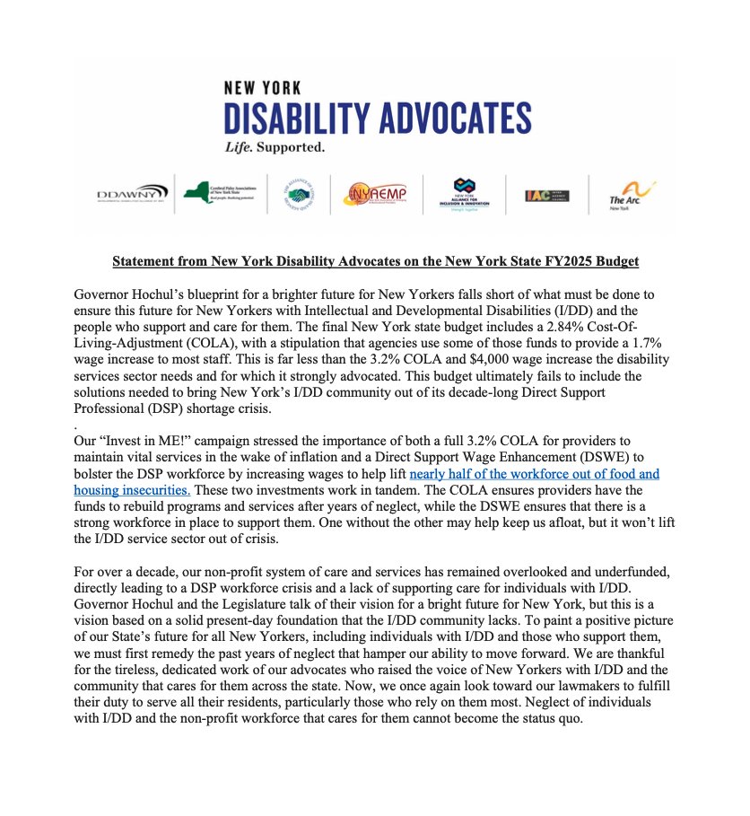 NYDisabilityAdv's tweet photo. Our statement on the New York State FY2025 Budget ⬇️

@GovKathyHochul @AndreaSCousins @CarlHeastie https://t.co/uoZtZCIZHC