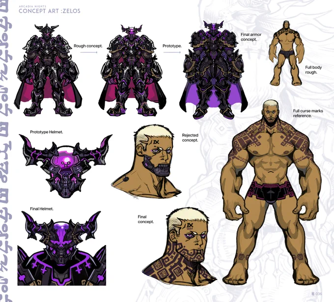 Arcadia  Zelos pt2The first Midnight Blade armor to be designed is his, so it underwent quite some changes but he served as the general aesthetic standard for the Midnight Blades in general, along with Adonaios of course. 